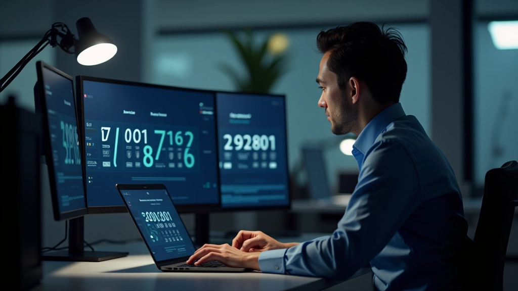 Designer pracující na počítači s grafy a statistikami, monitor zobrazuje animované čísla a počítadla